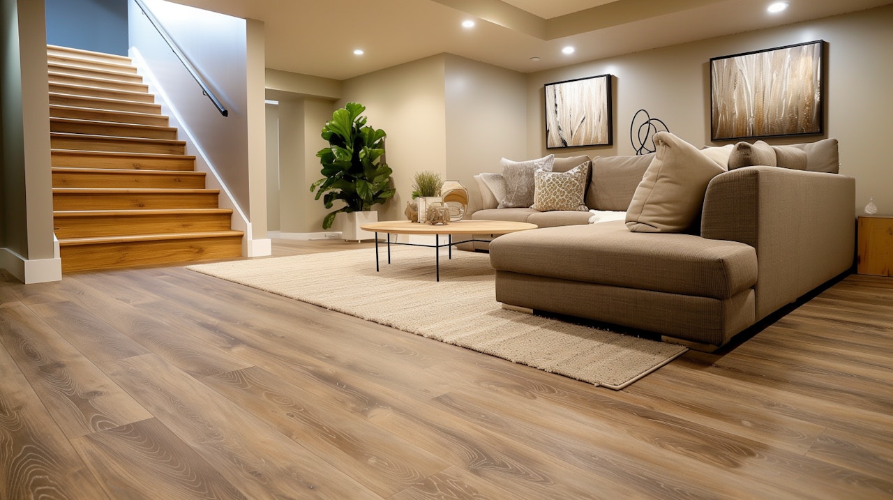 image of a beautiful renovated basement, focusing on the floor style